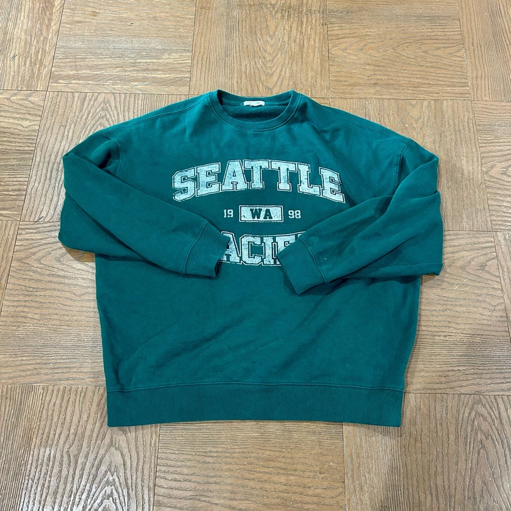 Garage Green Crewneck Sweater with Seattle Print